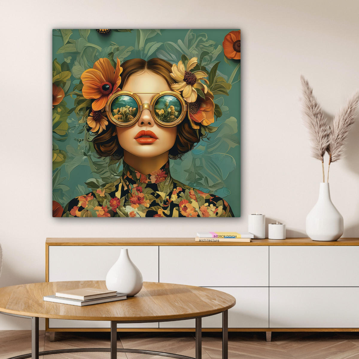 LEINWANDBILD Frau - Blumen - Schmetterlinge - Natur - Vintage Deko Groß 90x90 cm - Salbeigrün, Textil (90/90cm) - MuchoWow