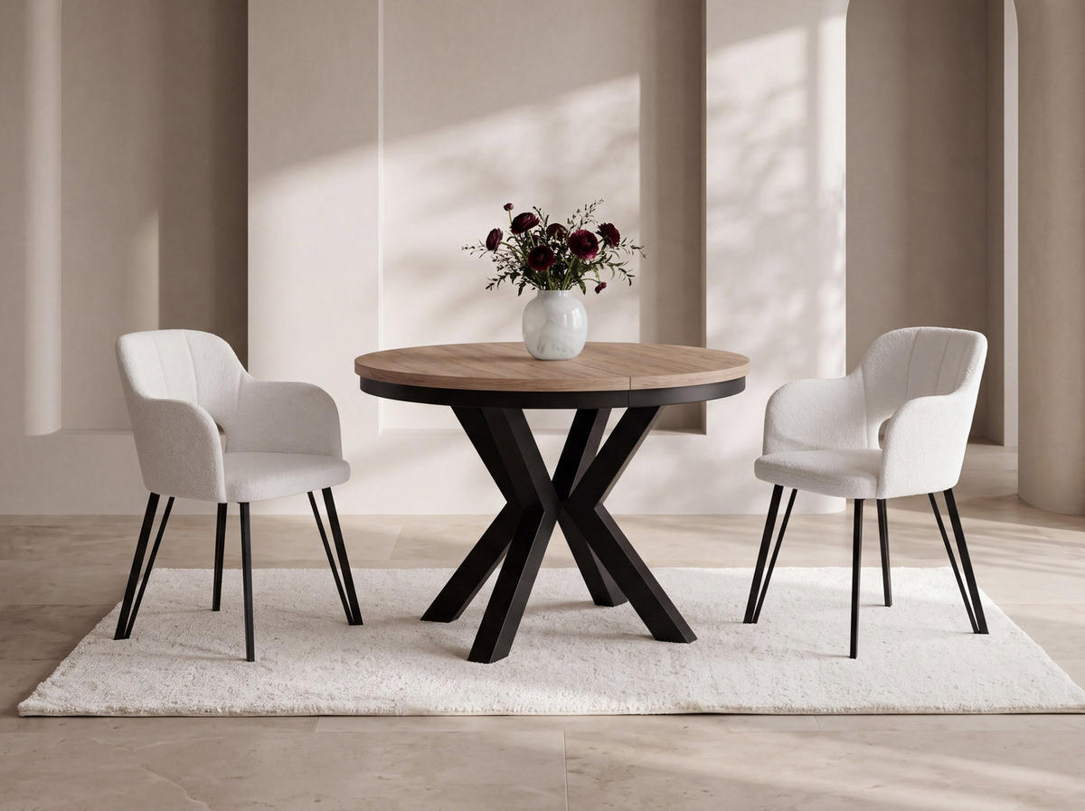 ESSTISCH Clara runder ausziehbarer, Eiche Sonoma Hellbraun 120-200/120/76 cm - Schwarz/Braun, Holzwerkstoff/Metall (120/200/76cm) - WFL GROUP