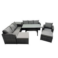 GARTENTISCHGRUPPE mit Beistelltisch,2 Hocker Polyrattan Dunkelgrau 9-Sitzer - Dunkelgrau/Grau, Glas/Kunststoff - Fimous
