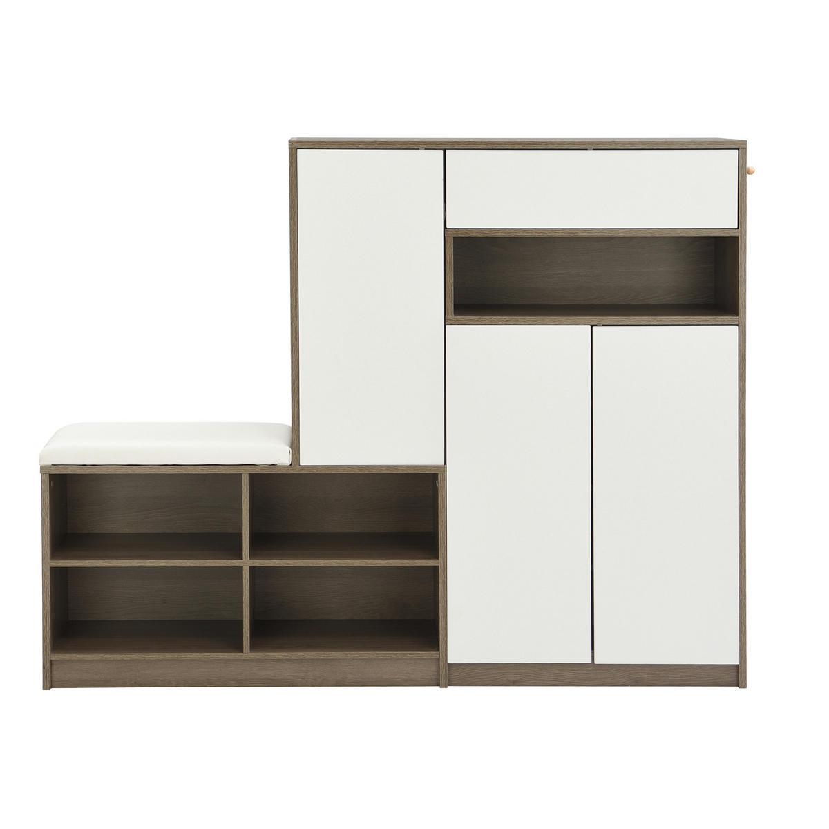 SCHUHSCHRANK 140/35/110 cm mit gepolsterter Sitzbank, verstellbaren Einlegeböden und grifflosen Türen, Weiß - Weiß, Holzwerkstoff (140/110/35cm) - Redom