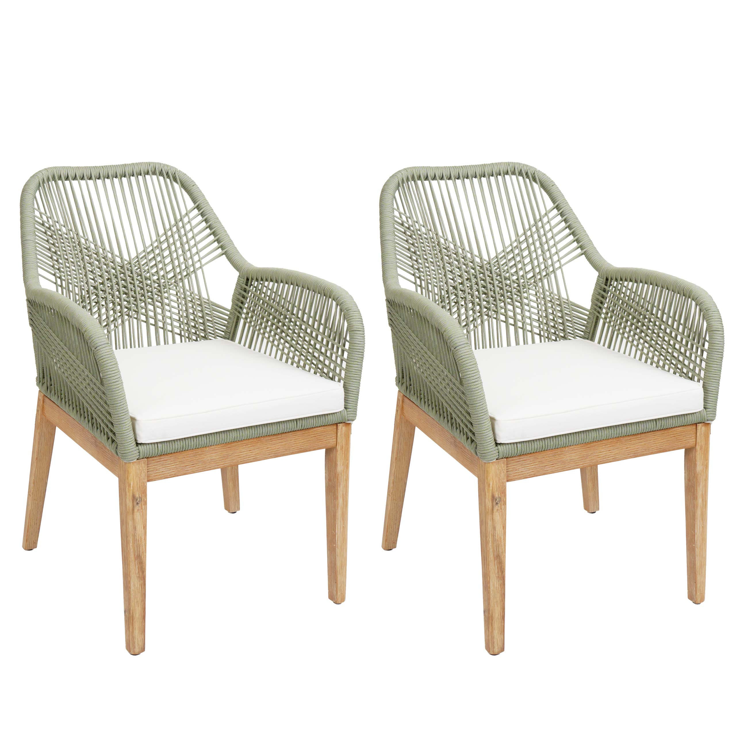 GARTENSTUHL 2er-Set HxBxT 85x58x59cm Sitzhöhe 47cm wetterfest Seilgeflecht Rope Holz Akazie Grün Kissen Creme - Grün, Holz (58/85/59cm) - PROREGAL