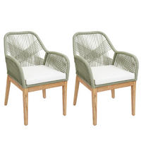 GARTENSTUHL 2er-Set HxBxT 85x58x59cm Sitzhöhe 47cm wetterfest Seilgeflecht Rope Holz Akazie Grün Kissen Creme - Grün, Holz (58/85/59cm) - PROREGAL