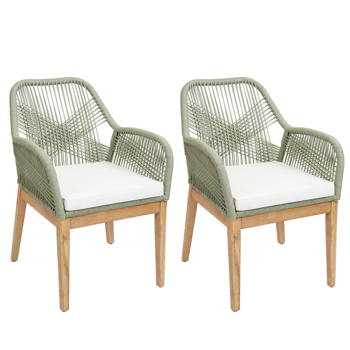 GARTENSTUHL 2er-Set HxBxT 85x58x59cm Sitzhöhe 47cm wetterfest Seilgeflecht Rope Holz Akazie Grün Kissen Creme - Grün, Holz (58/85/59cm) - PROREGAL