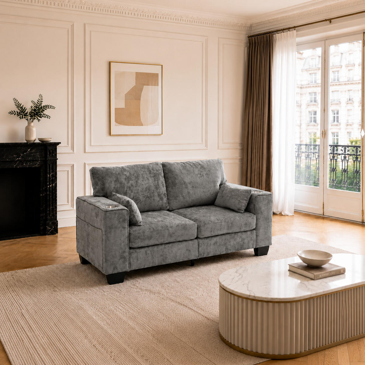 2-SITZER-SOFA 182 cm Chenille mit Getränkehaltern, DE-42913, Dunkelgrau - Dunkelgrau, Holz (182/96/79cm) - ComfortXL