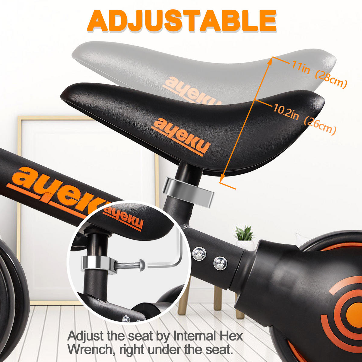 LAUFRAD KINDER mit verstellbarem Sitz und leisen Rädern, 36cm, Schwarz - Schwarz, Metall (51/22/36cm) - Ayeku