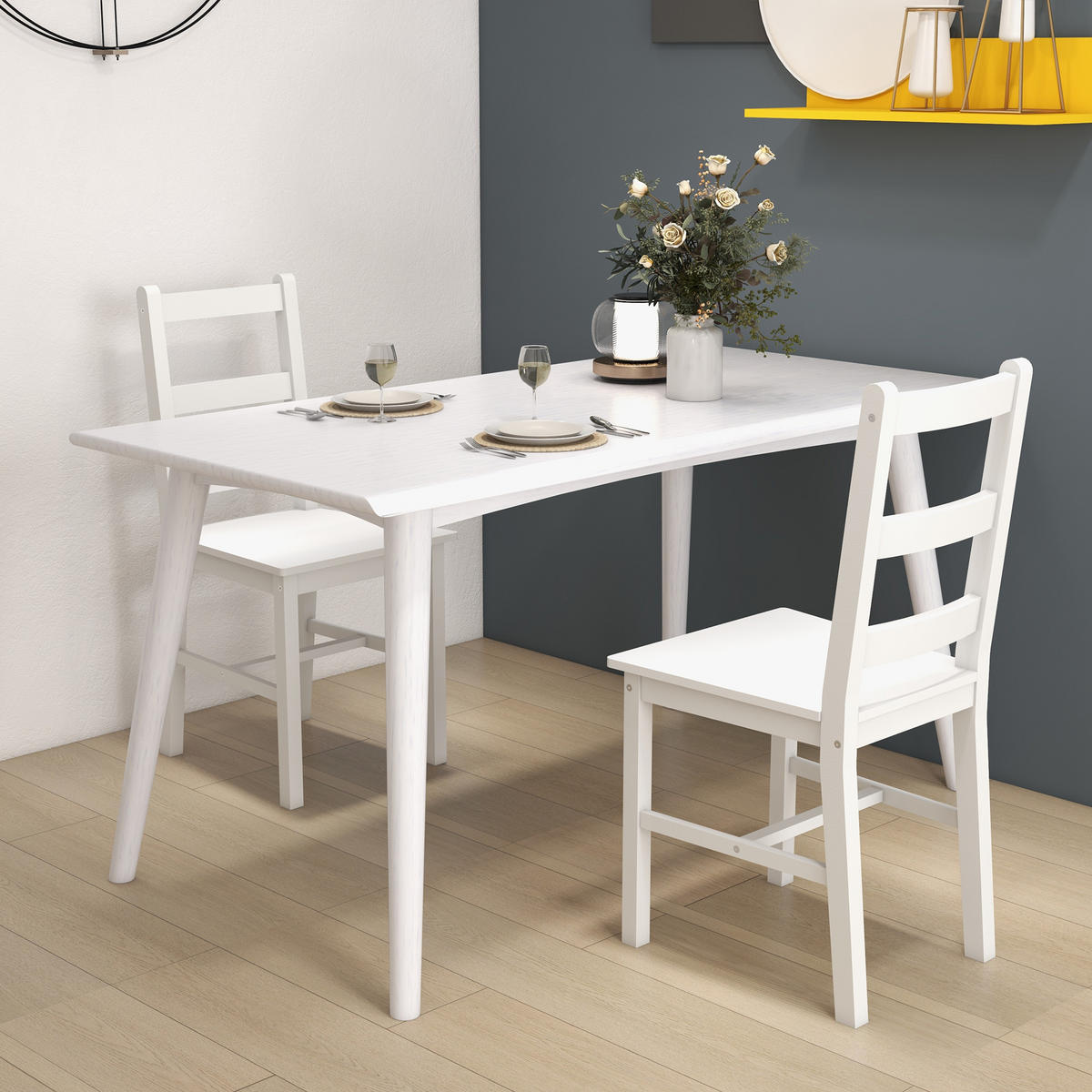 ESSZIMMERSTÜHLE 2er Set Holz Küchenstuhl mit Leistenrücklehne, Rutschfest - Weiß, Holz (46/90/41.5cm) - HOMCOM