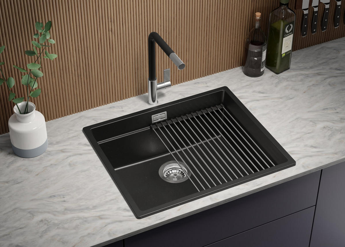 SPÜLBECKEN Praga Slim, 2-er set Schwarz Metallic 56/47 cm 1 Becken + Ablauf-Set + Aufrollbare Abtropffläche ab 60er Unterschrank - Chromfarben/Schwarz Hochglanz, Kunststoff (56/20/47cm) - Primagran