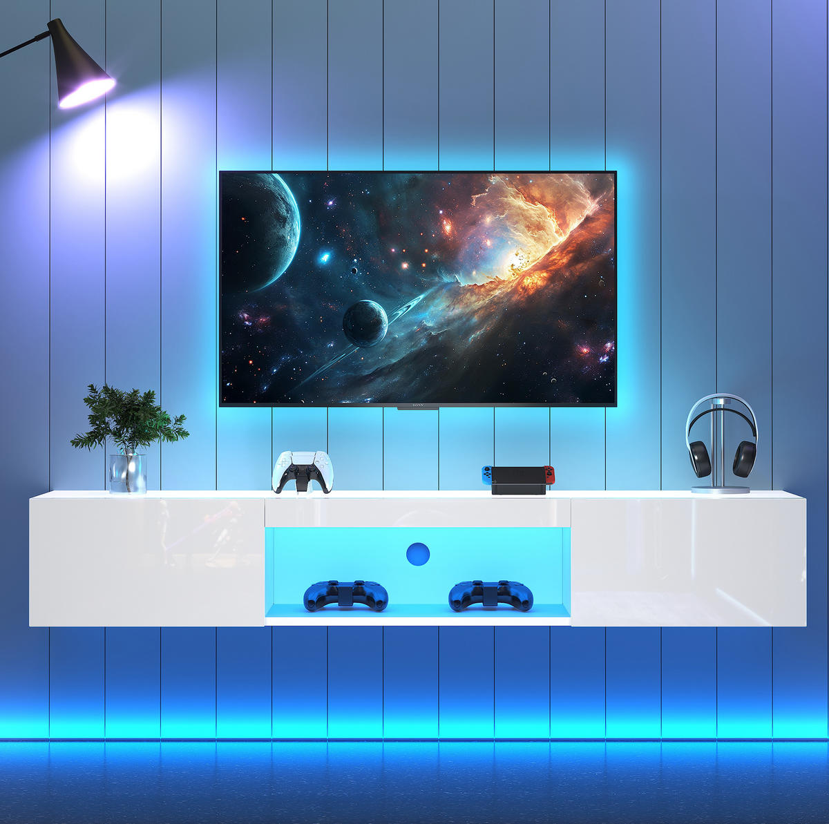TV-WANDBOARD aus Spanplatte 160x31x22 cm Weiß mit LED-Beleuchtung, Bluetooth-App-Steuerung und Kabelmanagement - Weiß, Holzwerkstoff (160/22/31cm) - Modfu