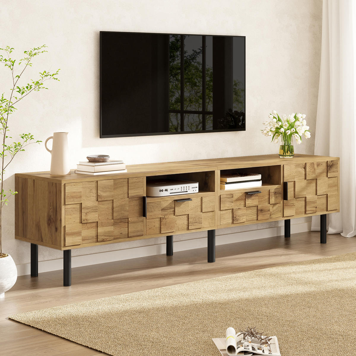 TV-SCHRANK Mosaik Lowboard 2 Türen 2 Schubladen Metallfüße - Naturfarben, Holzwerkstoff (35/42.5/160cm) - FLIEKS