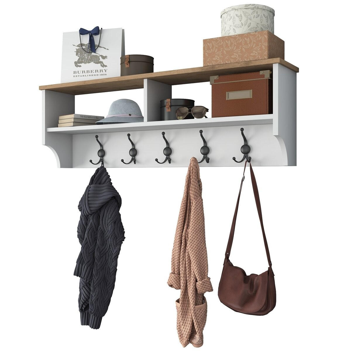 GARDEROBE mit 2 fächern und 5 haken 22,2/120/37,2 cm - Walnussfarben, Holzwerkstoff (120/37.2/22.2cm) - Calicosy