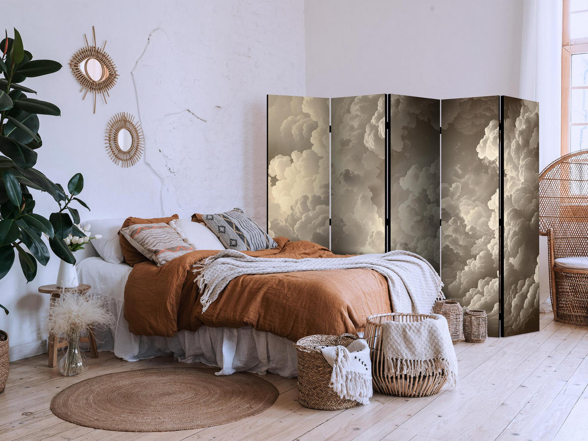 PARAVÁN Jednostranný 5-Dielny 225x172 cm Béžové Oblaky v Boho Štýle - béžová, drevo/textil (225/172/3cm) - Muralo