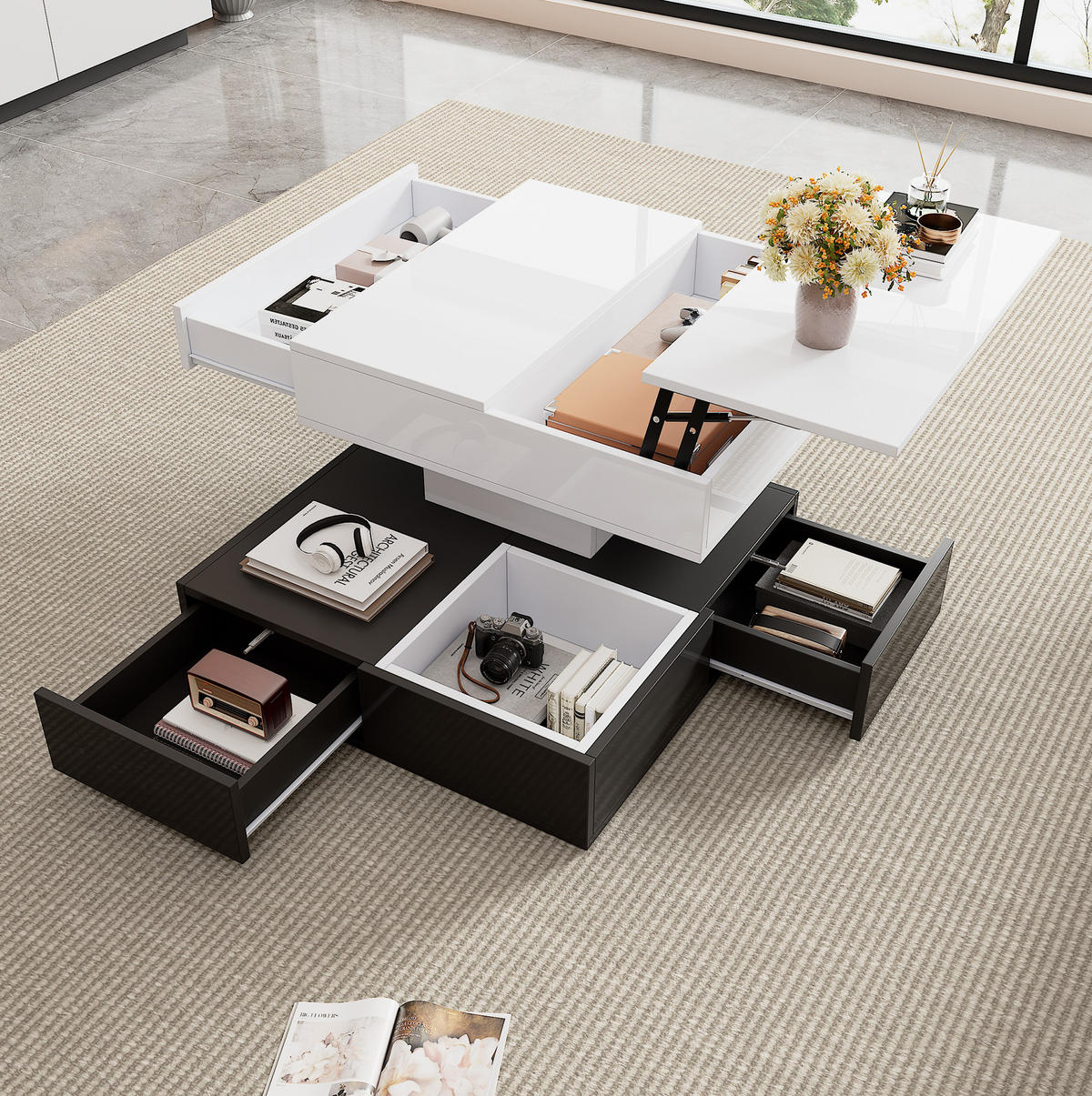 COUCHTISCH aus Spanplatte 70x70x40 cm Schwarz/Weiß mit 360° drehbarer, anhebbarer Tischplatte und 3 Schubladen - Weiß, Holzwerkstoff (70/70/40cm) - Modfu