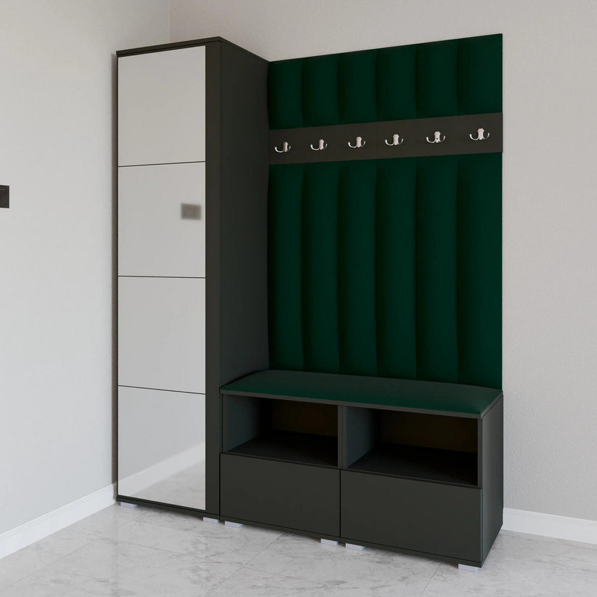 GEPOLSTERT Garderoben-Set Nela II LUX (Spiegel – Farbe Graphit + Stoff Trinity 28) - Dunkelgrün/Silberfarben, Holz/Holzwerkstoff (150/187/40cm) - Ravio