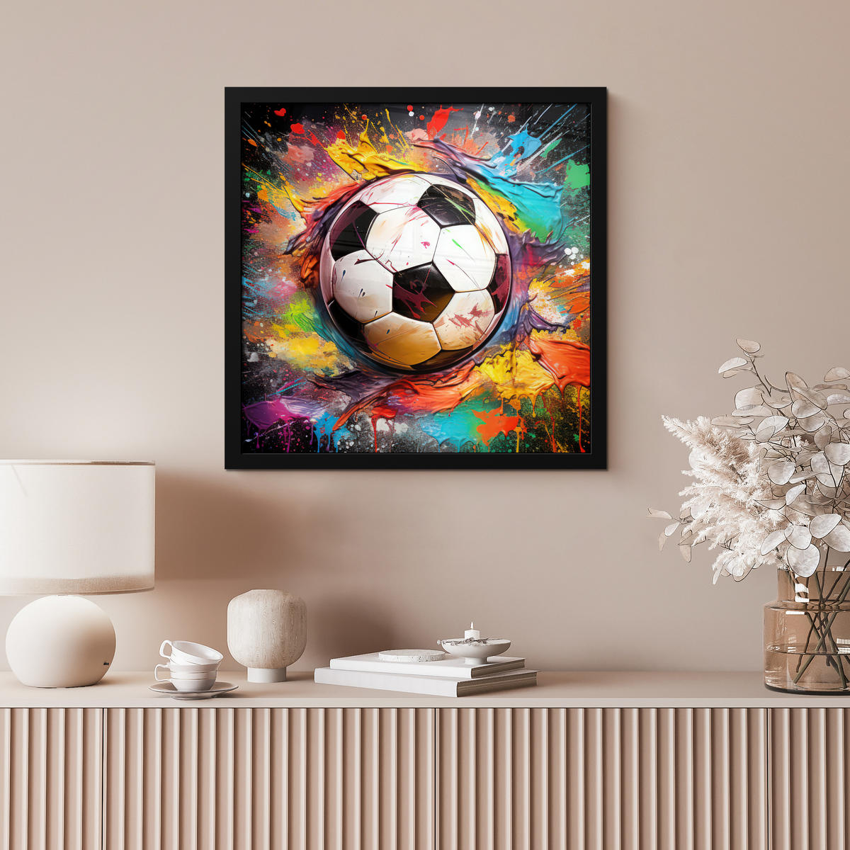 POSTER MIT RAHMEN Fußball - Farbe - Farben - Schwarz - Weiß 40x40 cm - Weiß, Papier (40/40cm) - MuchoWow