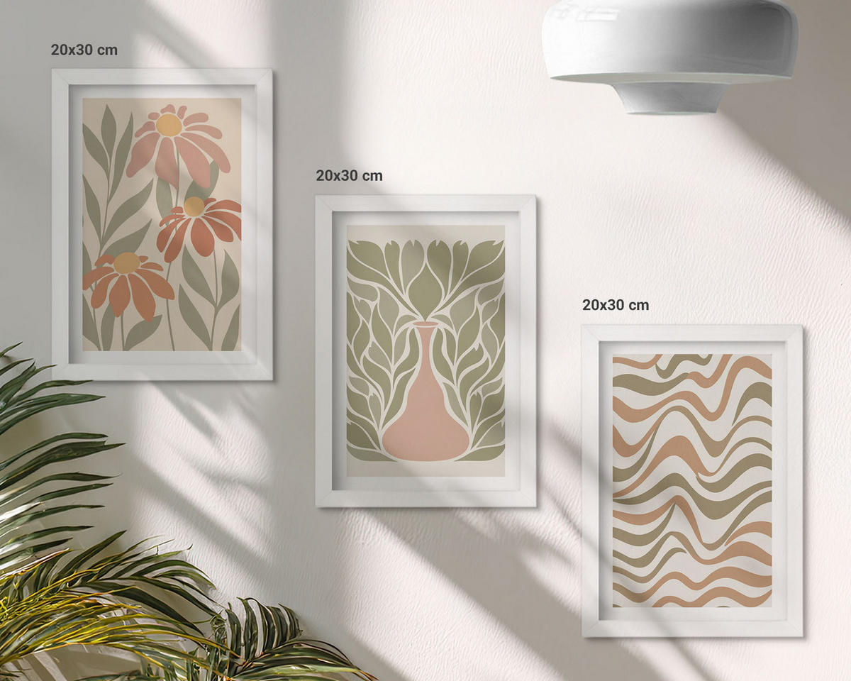 WANDBILDER 3er-Set - 20x30 cm Weißer Rahmen - Abstrakte Pastellblumen - Weiß, Kunststoff (20/30cm) - ArtPrintCave