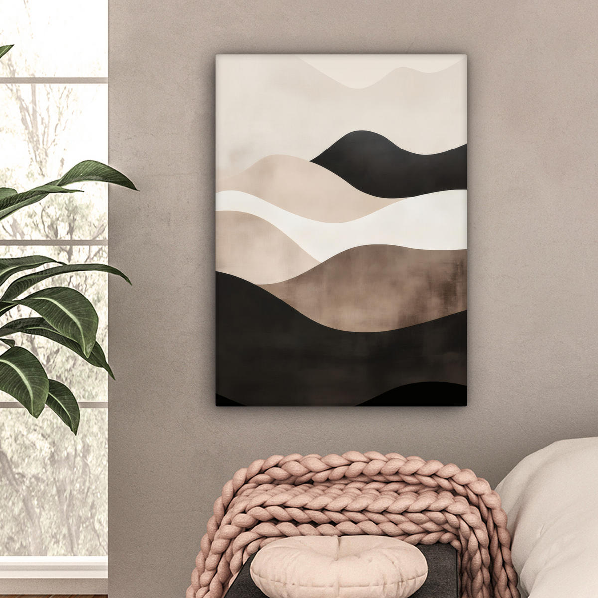 LEINWANDBILD Abstrakt - Landschaft - Wellen - Cremefarben Wandbild Wohnzimmer 60x80 cm - Cappuccino, Textil (60/80cm) - MuchoWow