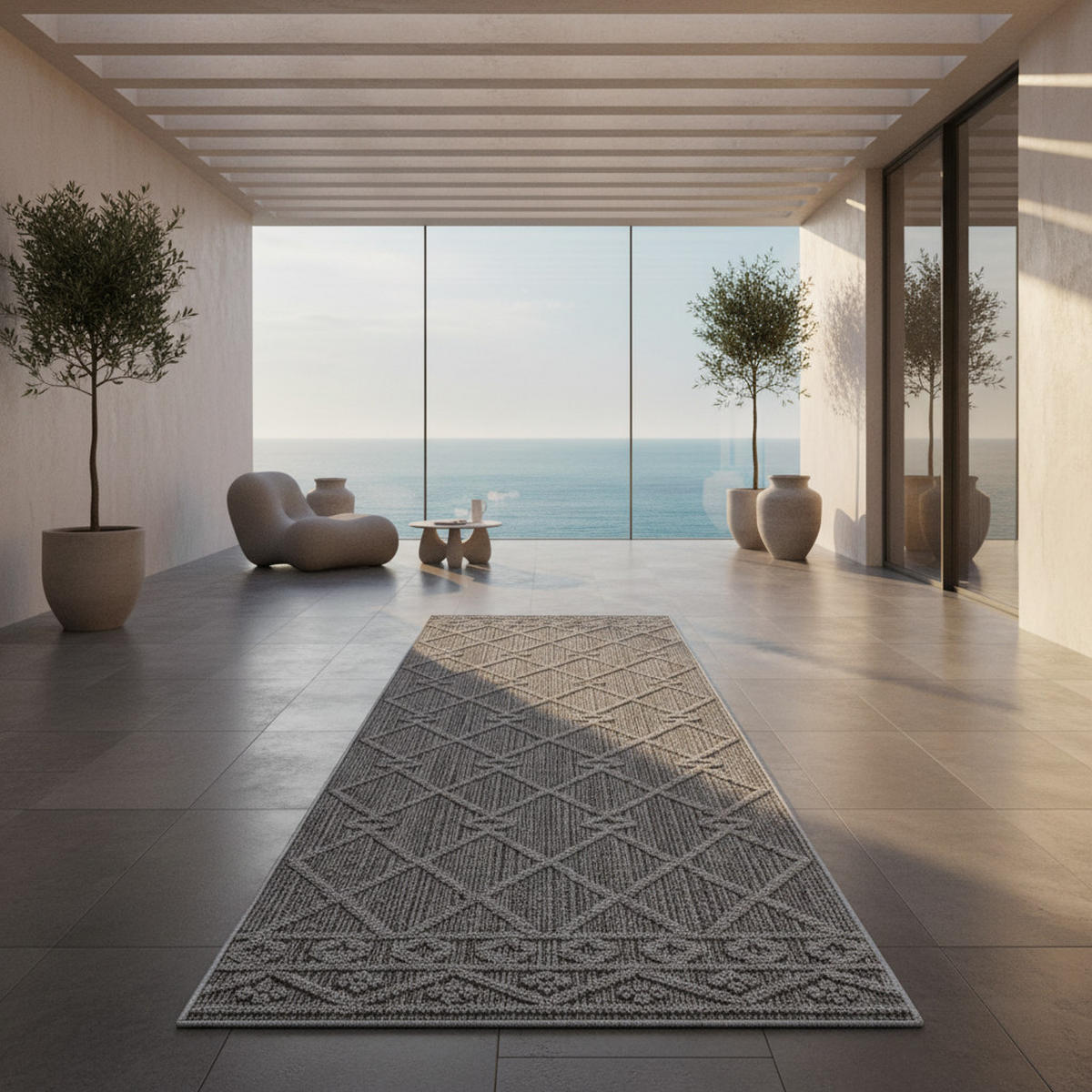 TEPPICH Outdoor Flachgewebe Berber-Muster Polypropylen Terrasse Grau Läufer 80x250 - Grau, Textil (80/250cm) - KADIMA DESIGN