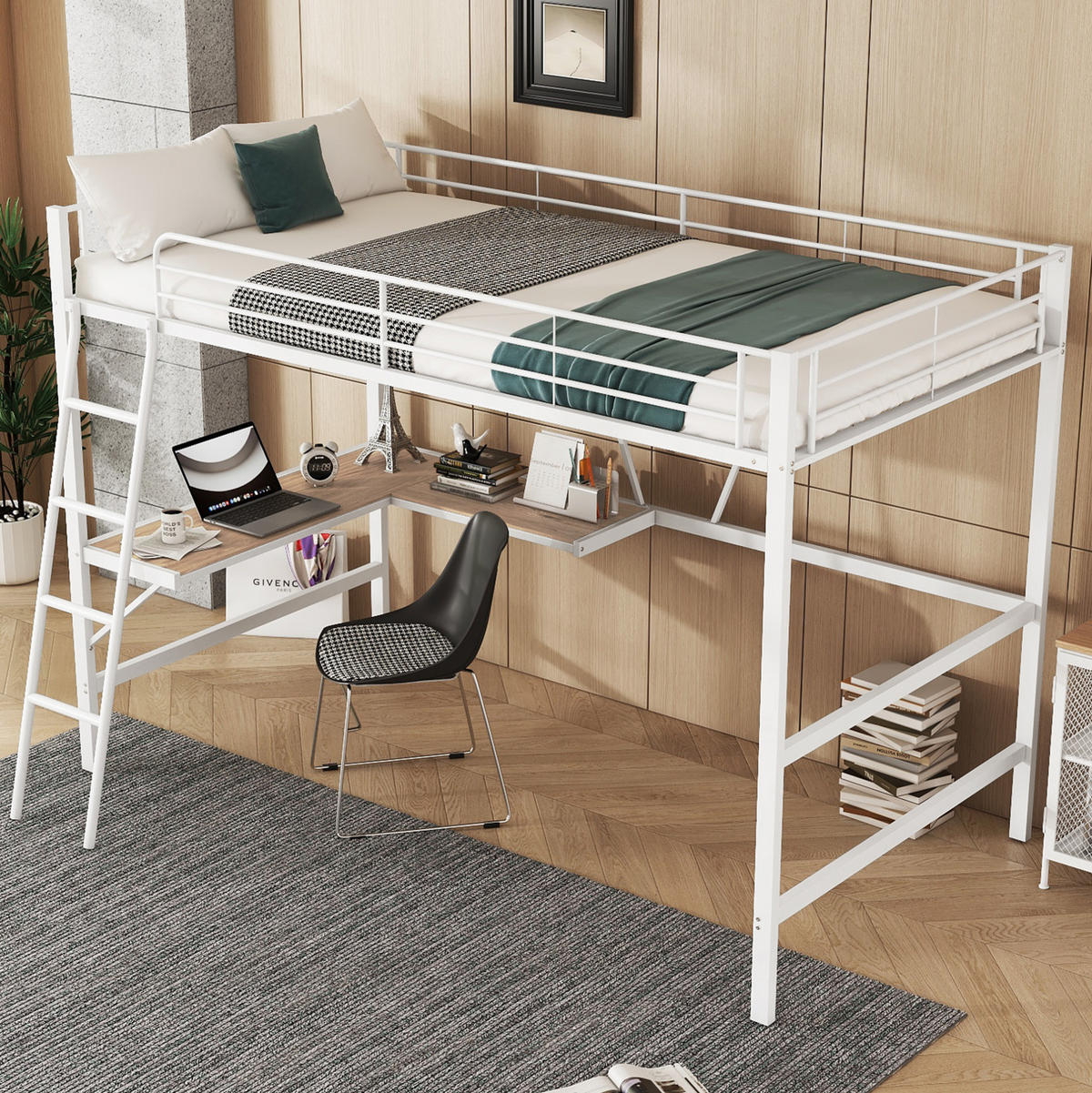 HOCHBETT 90/200 cm aus Metall mit Schreibtisch und Regal in Weiß - Weiß, Metall (90/200cm) - Flora Grace