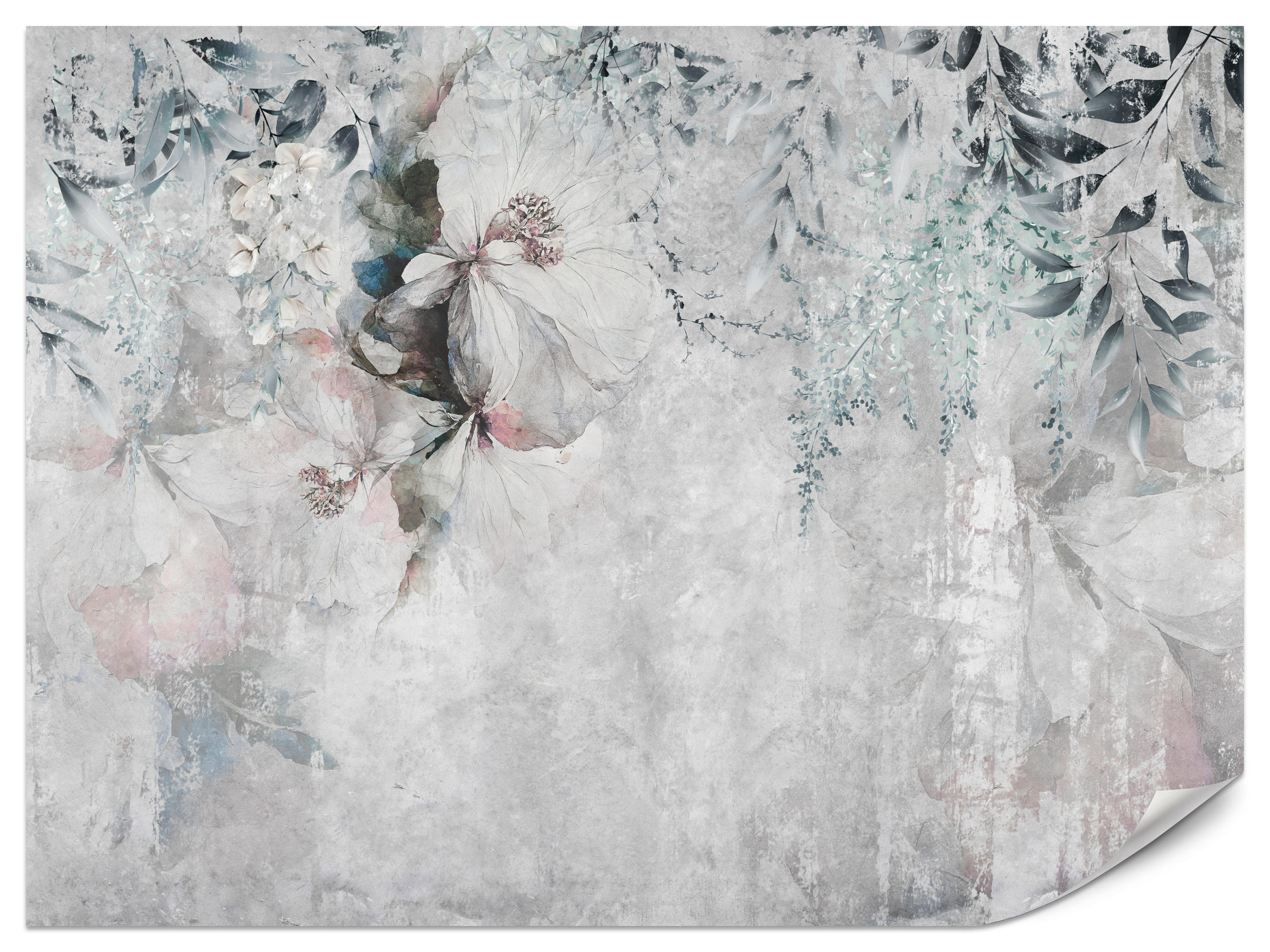 FOTOTAPETE für Schlafzimmer Zarte Blätter Beton Blumen Natur 350x256 - Schwarz/Rosa, Papier (350/256cm) - Muralo