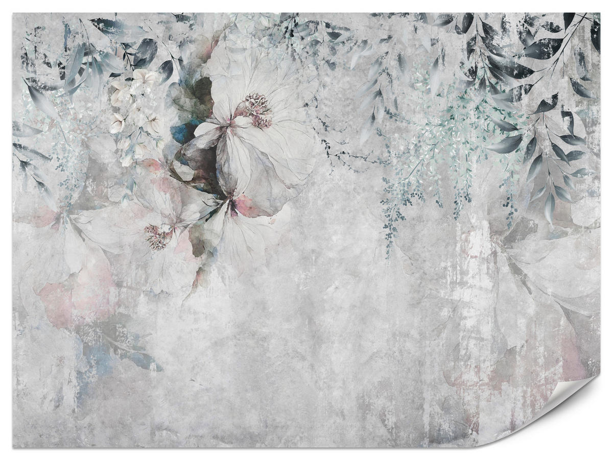 FOTOTAPETE für Schlafzimmer Zarte Blätter Beton Blumen Natur 350x256 - Schwarz/Rosa, Papier (350/256cm) - Muralo