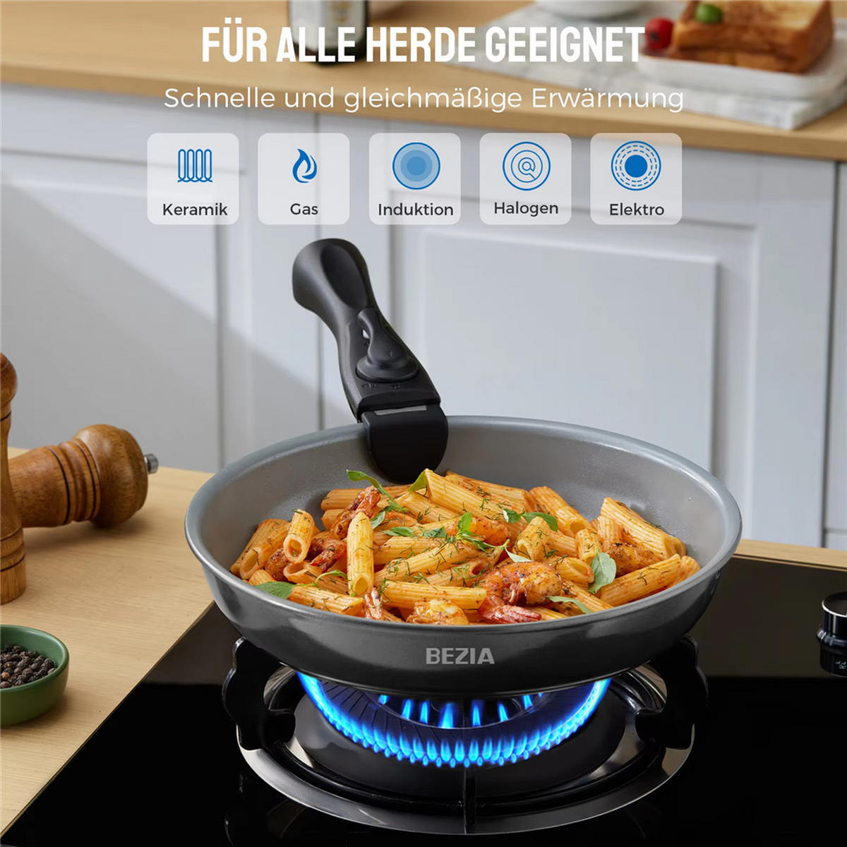 PFANNENSET Abnehmbarer Griff Keramik Induktion Antihaft - Schwarz, Keramik - Kaket