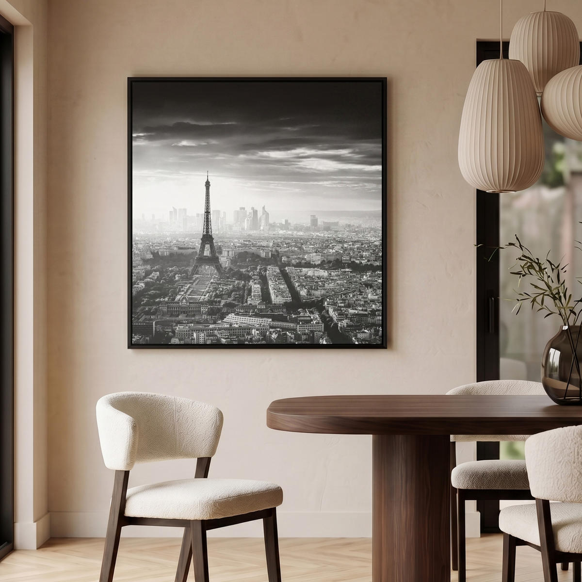 LEINWAND Bilder mit Rahmen - Paris - Skyline - Eiffelturm - Stadt - Wolken - 90x90 - Dunkelgrau, Textil (90/90cm) - MuchoWow