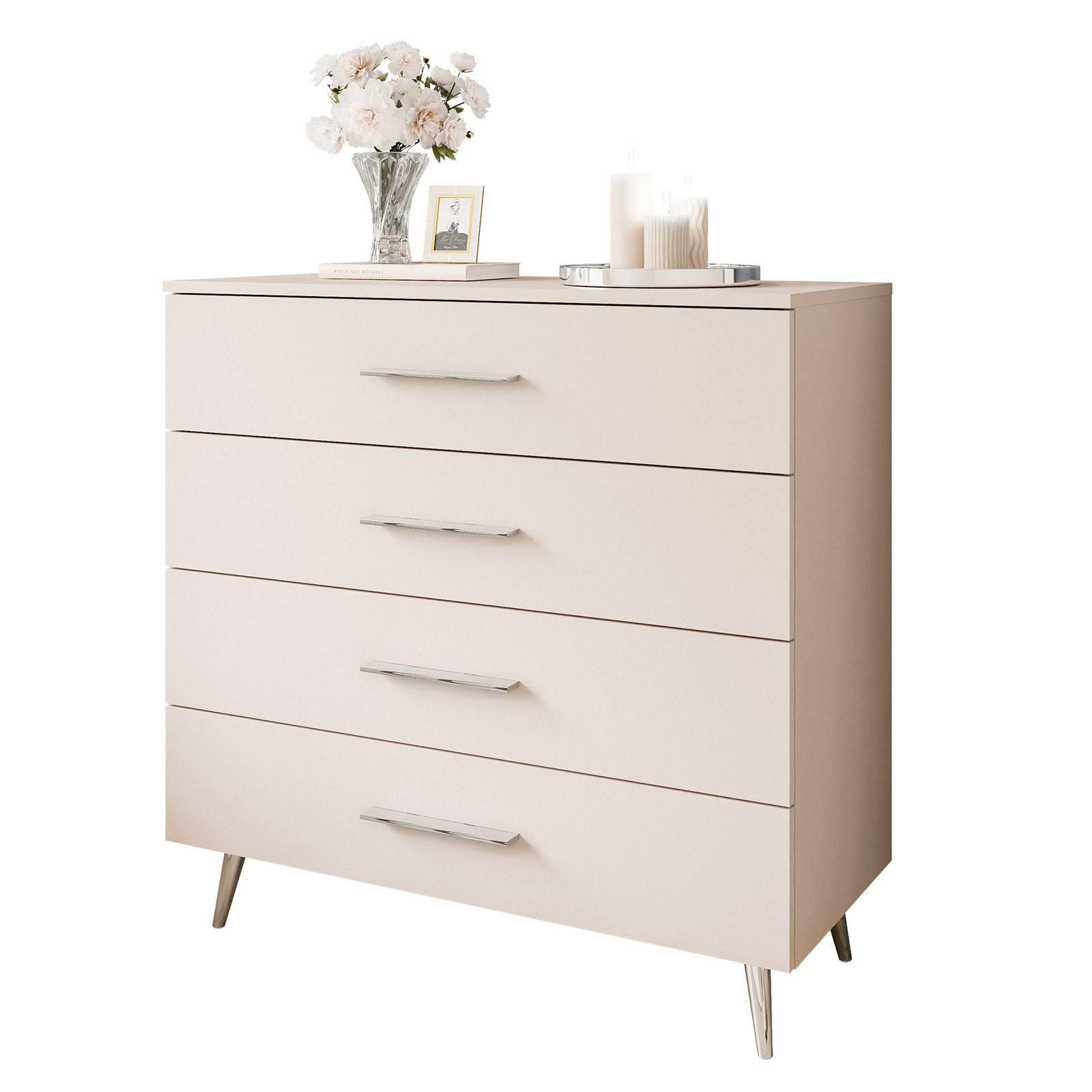 KOMMODE AURA KASCHMIR 4S mit Schubladen Silberne Beine und Griffe - Kaschmir/Silberfarben, Holzwerkstoff (95/90/40cm) - Lookway