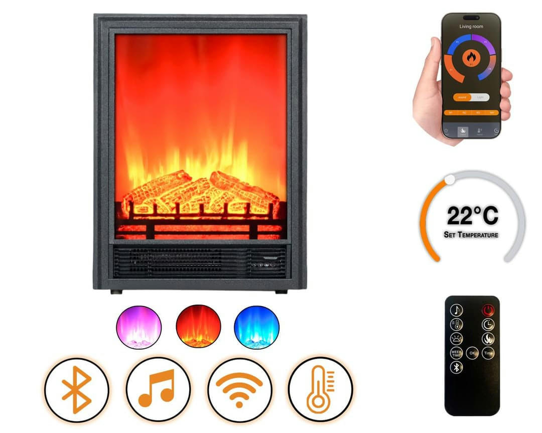 ELEKTROKAMIN 1800 W mit Bluetooth Lautsprecher EF1 - Schwarz, Metall (47.1/61.7/17.1cm) - dlc home