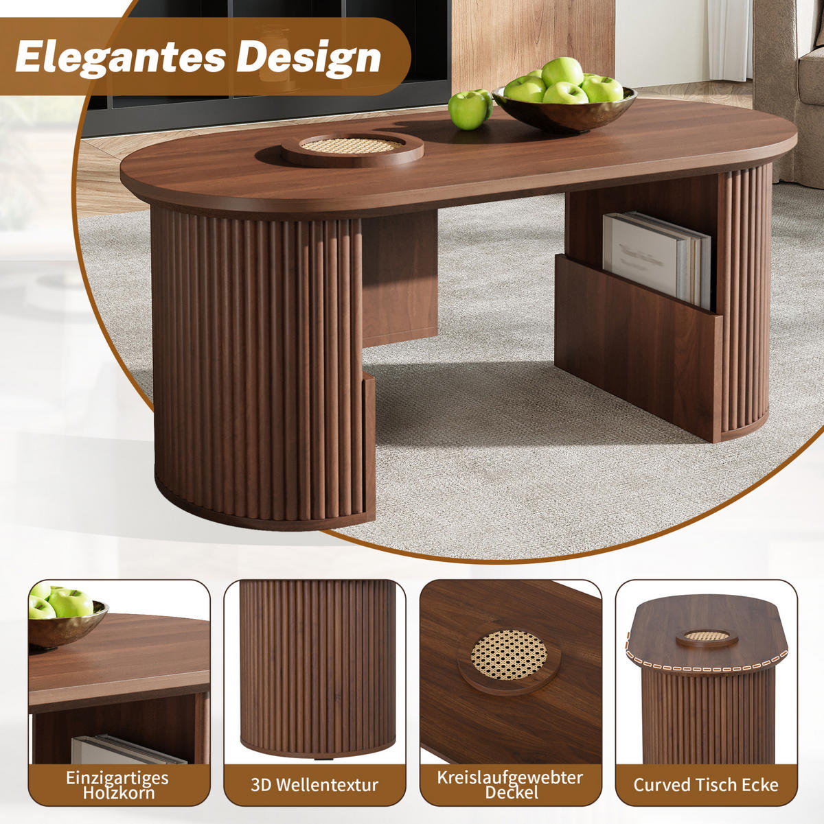 COUCHTISCH aus MDF 105x50x46,5 cm in Nussbaum mit Stauraum - Nussbaumfarben, Holzwerkstoff (105/50/46.5cm) - Modfu