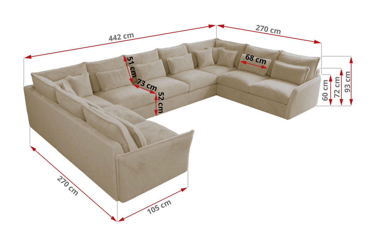WOHNLANDSCHAFT VERSO U 9M Creme Plüsch - Beige/Creme, Kunststoff/Textil (442/93/270cm) - MKS