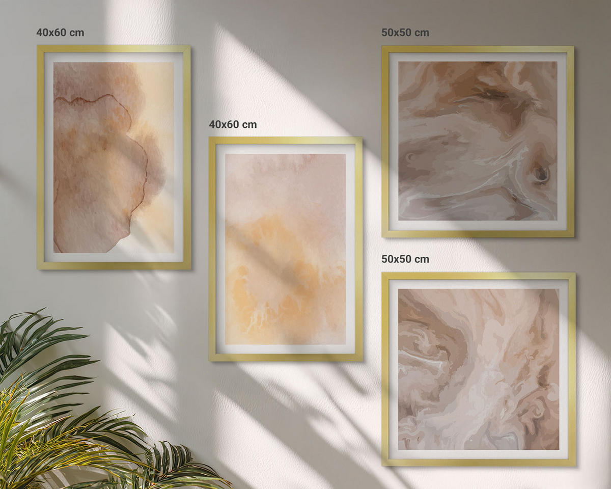 WANDBILDER 4er Set - 50x50 cm & 40x60 cm Goldrahmen - Warme Aquarellfarben auf Leinwand - Goldfarben, Kunststoff (50/50cm) - ArtPrintCave