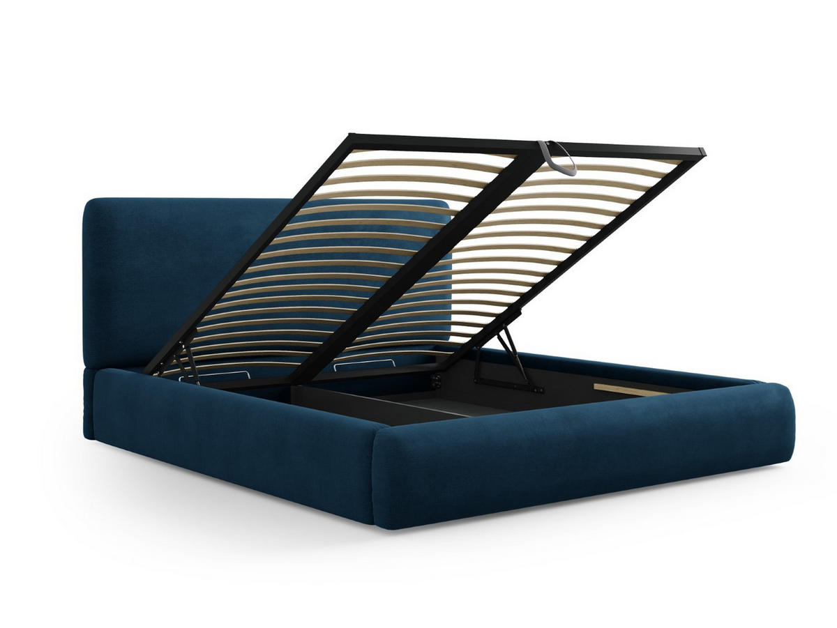 BETT mit Bettkasten und Kopfteil Colonel aus Chenille-Stoff königsblau 200x200cm - Dunkelblau, Textil (200/200cm) - Cosmopolitan Design