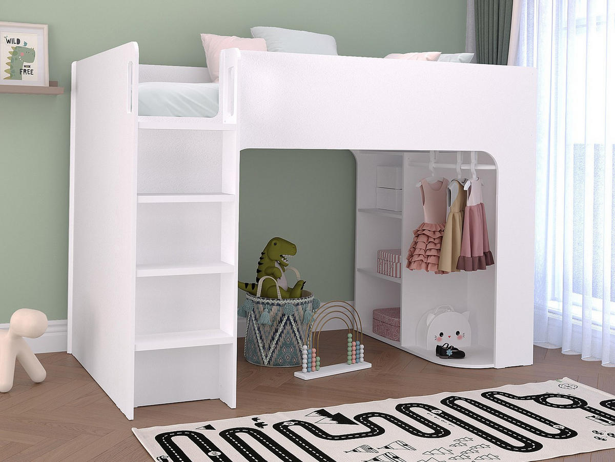 HOCHBETT mit Stauraum - 90 x 190 cm - Weiß + Matratze - COLUMI - Weiß, Holz (110/200cm) - Vente-Unique