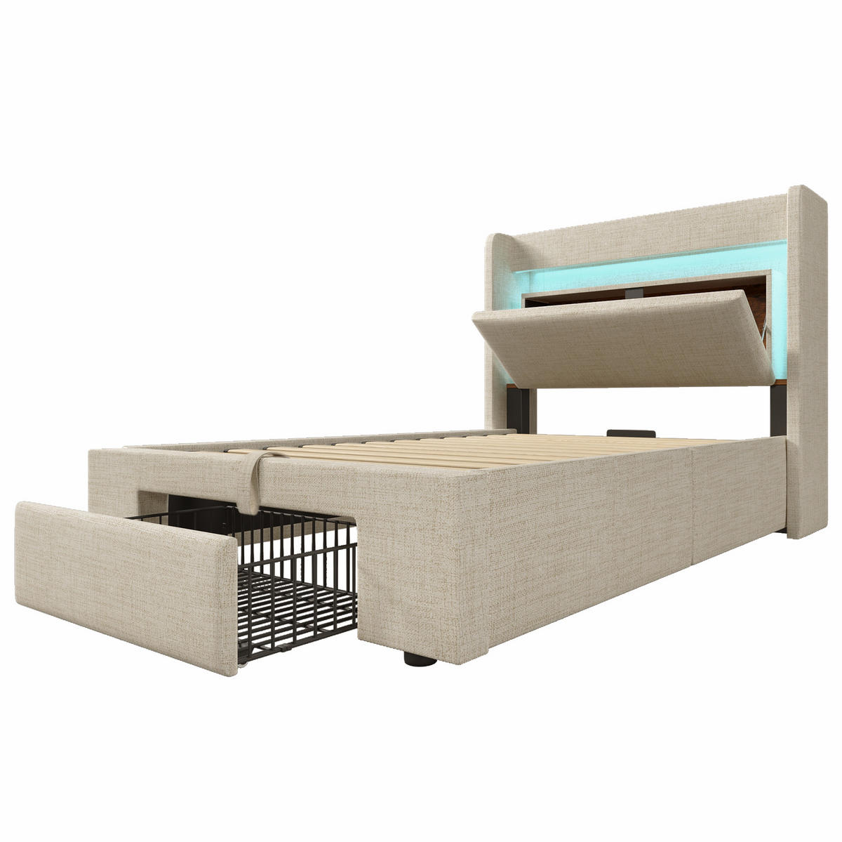 POLSTERBETT mit Stauraum 90x200 cm Leinen Beige mit LED - Beige, Metall (90/200cm) - Meubliv