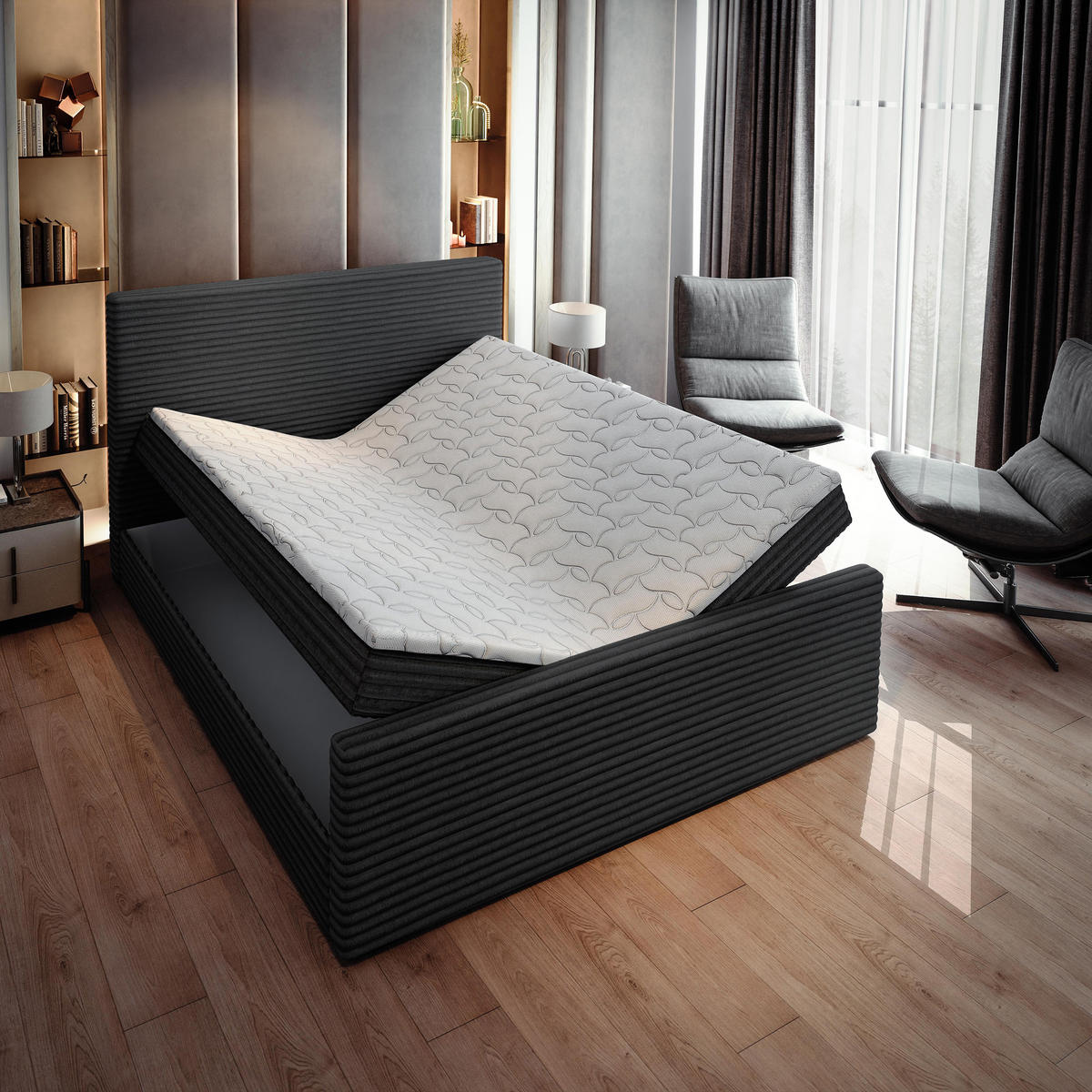 BOXBETT BRENTO 160x200 cm mit Matratze und Topper - Schwarz - Schwarz, Holz (160/200cm) - MASSENO