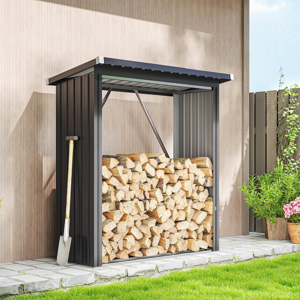 KAMINHOLZREGAL Außen Stahl 150 x 66,5 x 150 cm erhöhtes Brennholzregal Grau - Dunkelgrau, Metall (66.5/150/150cm) - Outsunny