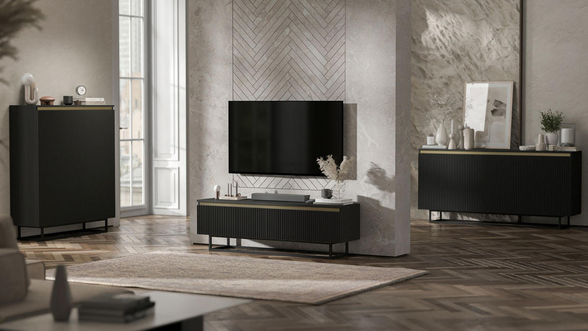 KOMMODE Selene 3D Schwarz Matt mit metallrahmen Glamour 167 cm - Schwarz, Holzwerkstoff/Metall (167/79/35cm) - Meble Lindner