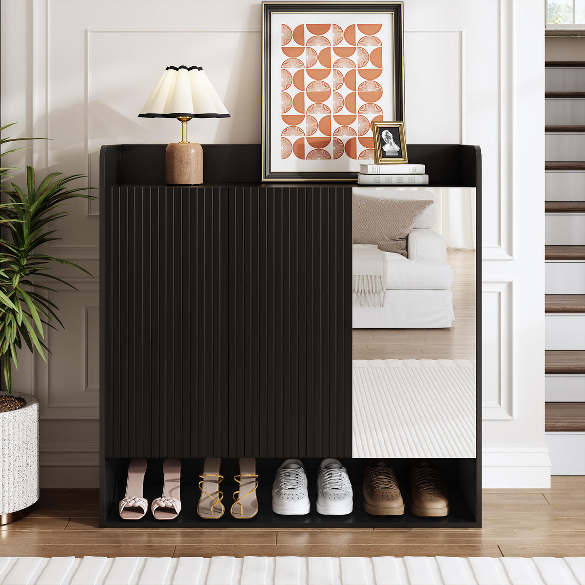 SCHUHSCHRANK Spiegel Streifen Struktur Stauraum - Schwarz, Holz (110/110/35.5cm) - LEBENLANG