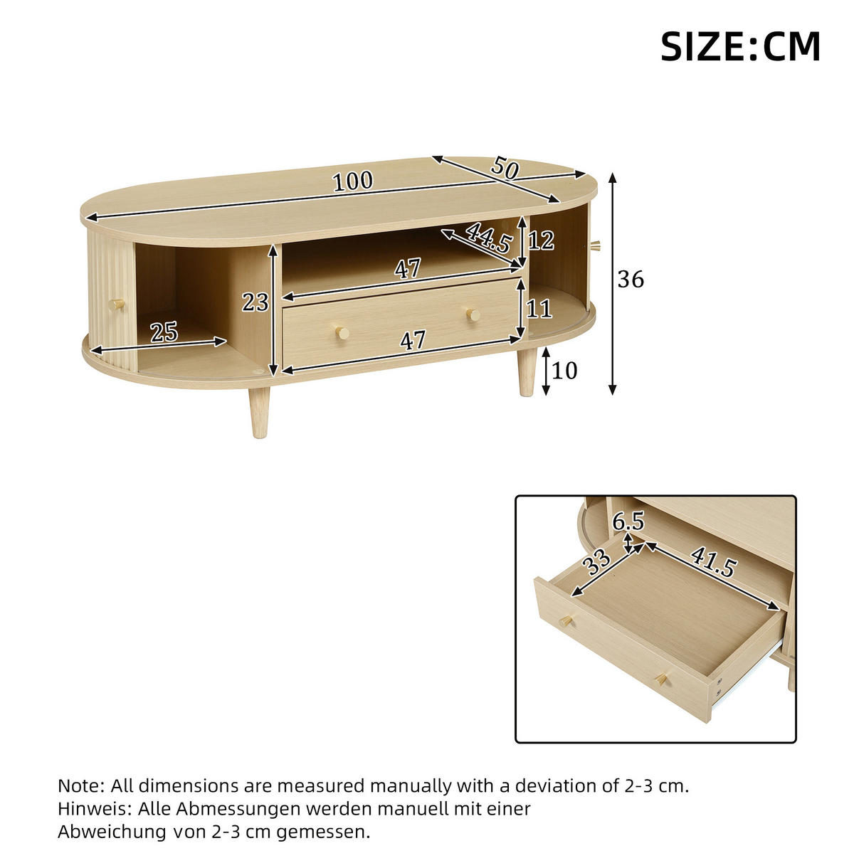 KONFERENČNÍ stolek 100/50/36 cm dubový z MDF s 1 zásuvkou a roletovými dvířky - barva dubu, kompozitní dřevo (100/50/36cm) - OKWISH