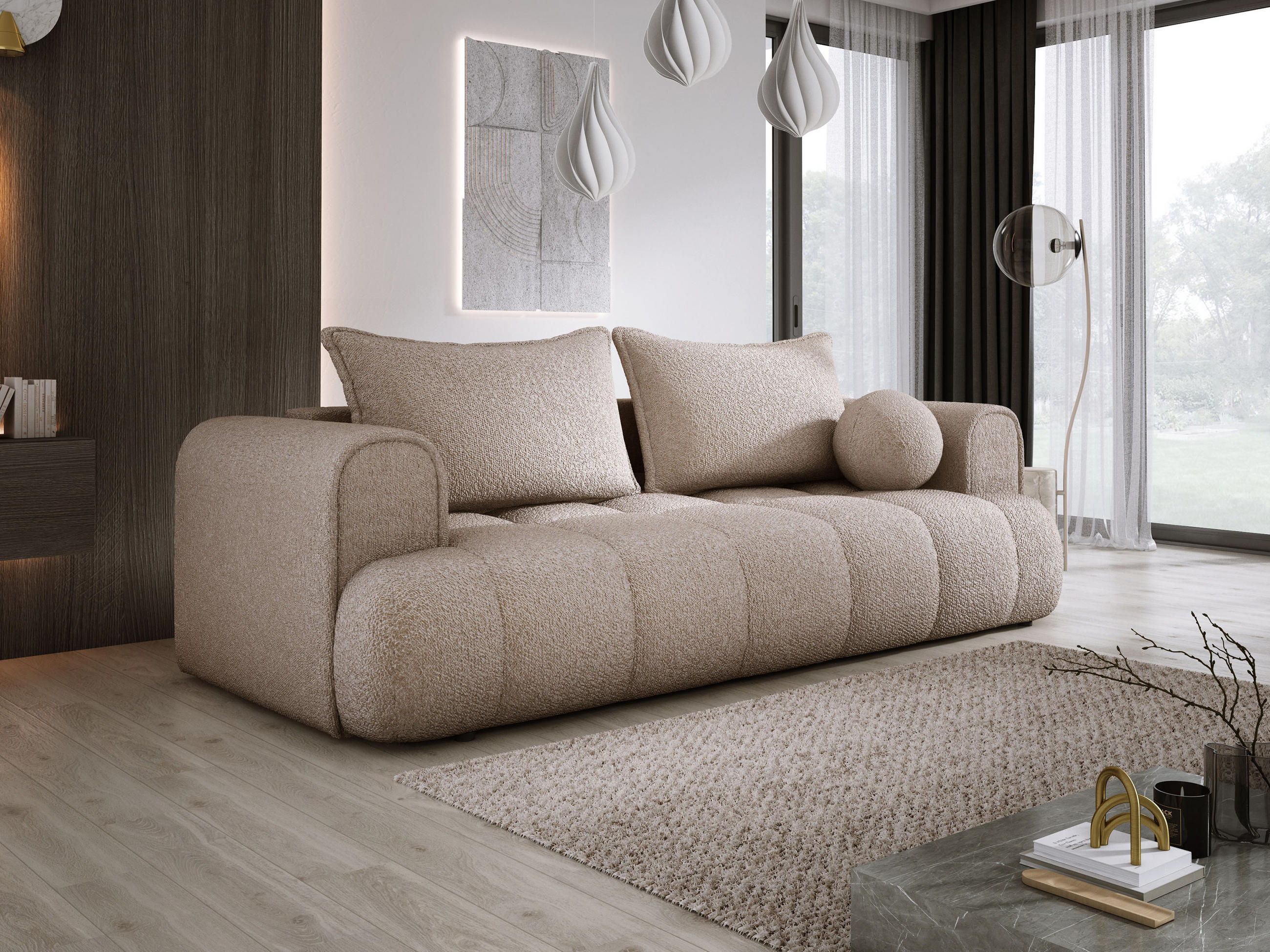 SOFA COCO SCHLAFSOFA mit Bettfunktion, Anthology Stoffbezug, 2-Sitzer, freistehend, Größe: 250x105x90 cm, Beige - Cappuccino, Holz/Textil (250/90/105cm) - DomoHome