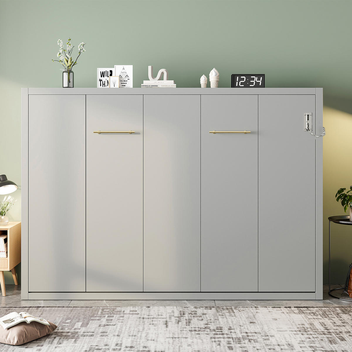 KLAPPBETT 140/200 cm in Grau Metall und Holz mit Wandverriegelung - Grau, Holzwerkstoff/Metall (140/200cm) - WISHDOR