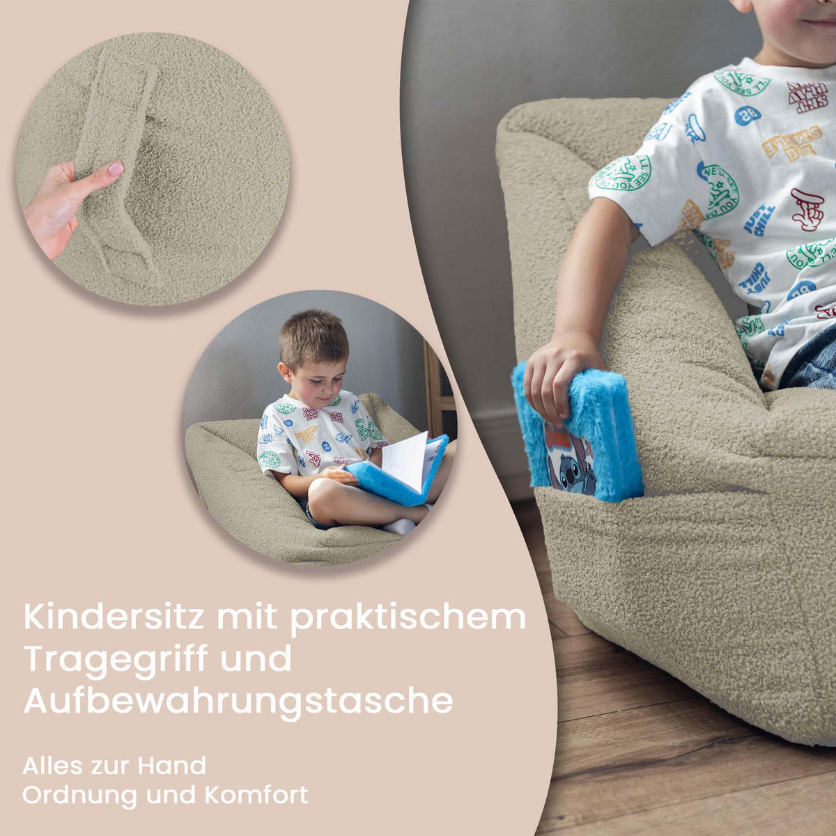 SITZSACK-SESSEL Bambino 55/60/55 cm, weicher Bouclé 315 g/m², mit Griff & Seitentasche, Beige - Beige, Textil (55/55/60cm) - Dreamroots