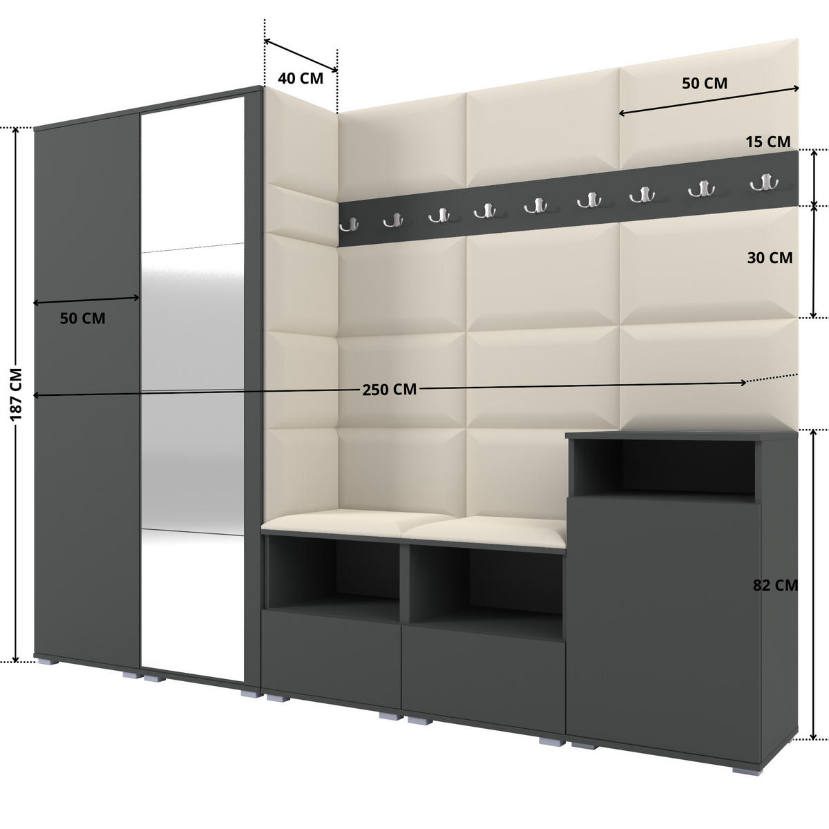 GARDEROBE NELA VIII 250 cm (Modulare Flurmöbel Graphit mit Spiegel & Sitzpolster Creme 01 Set XL) - Silberfarben/Creme, Holz/Holzwerkstoff (250/187/40cm) - Ravio