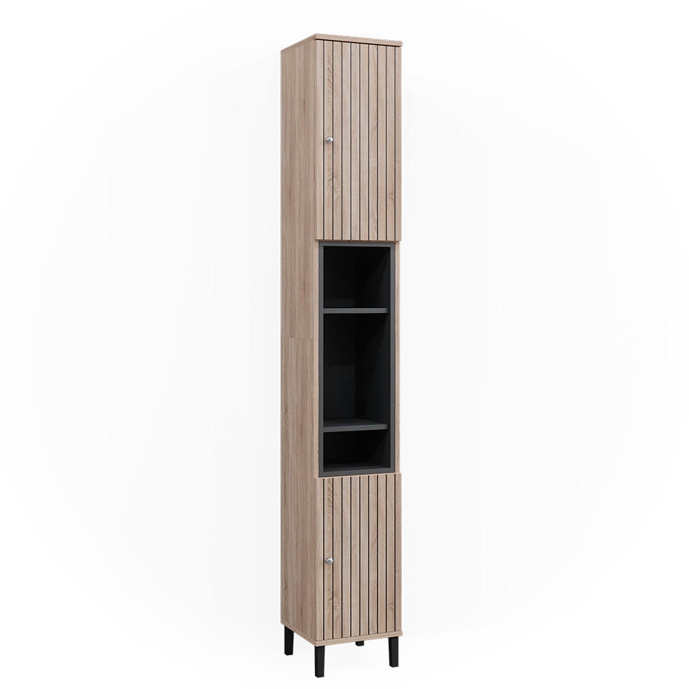 BADSCHRANK Aquis Braun 30 x 190 cm mit Türen, und offenen Fächern - Braun/Sonoma Eiche, Holzwerkstoff (30/190/30cm) - Vicco