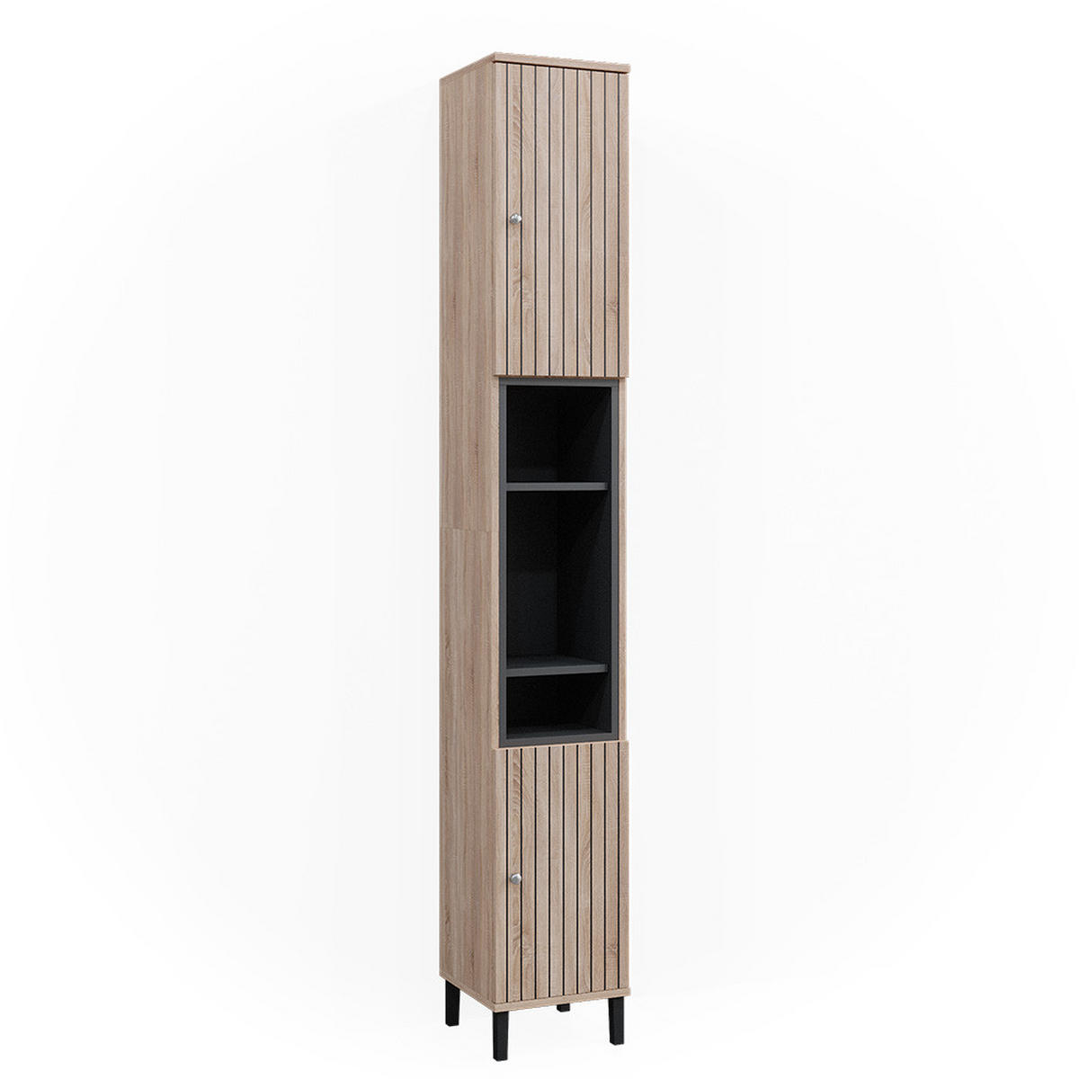 BADSCHRANK Aquis Braun 30 x 190 cm mit Türen, und offenen Fächern - Braun/Sonoma Eiche, Holzwerkstoff (30/190/30cm) - Vicco