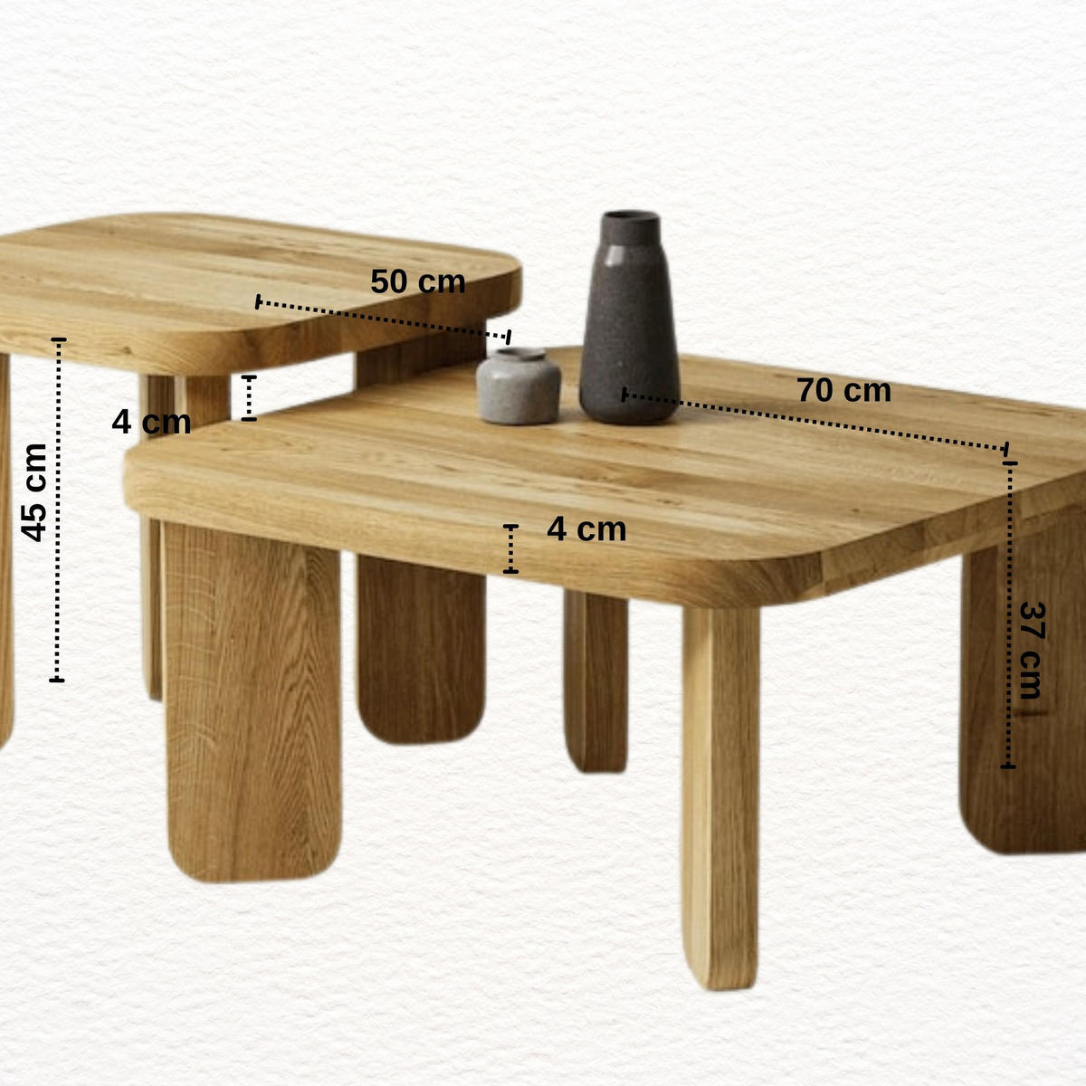 COUCHTISCH SET Eichenholz vollmassiv quadratisch Naturbelassenen 70/70/37 - Naturfarben, Holz (70/70/37cm)