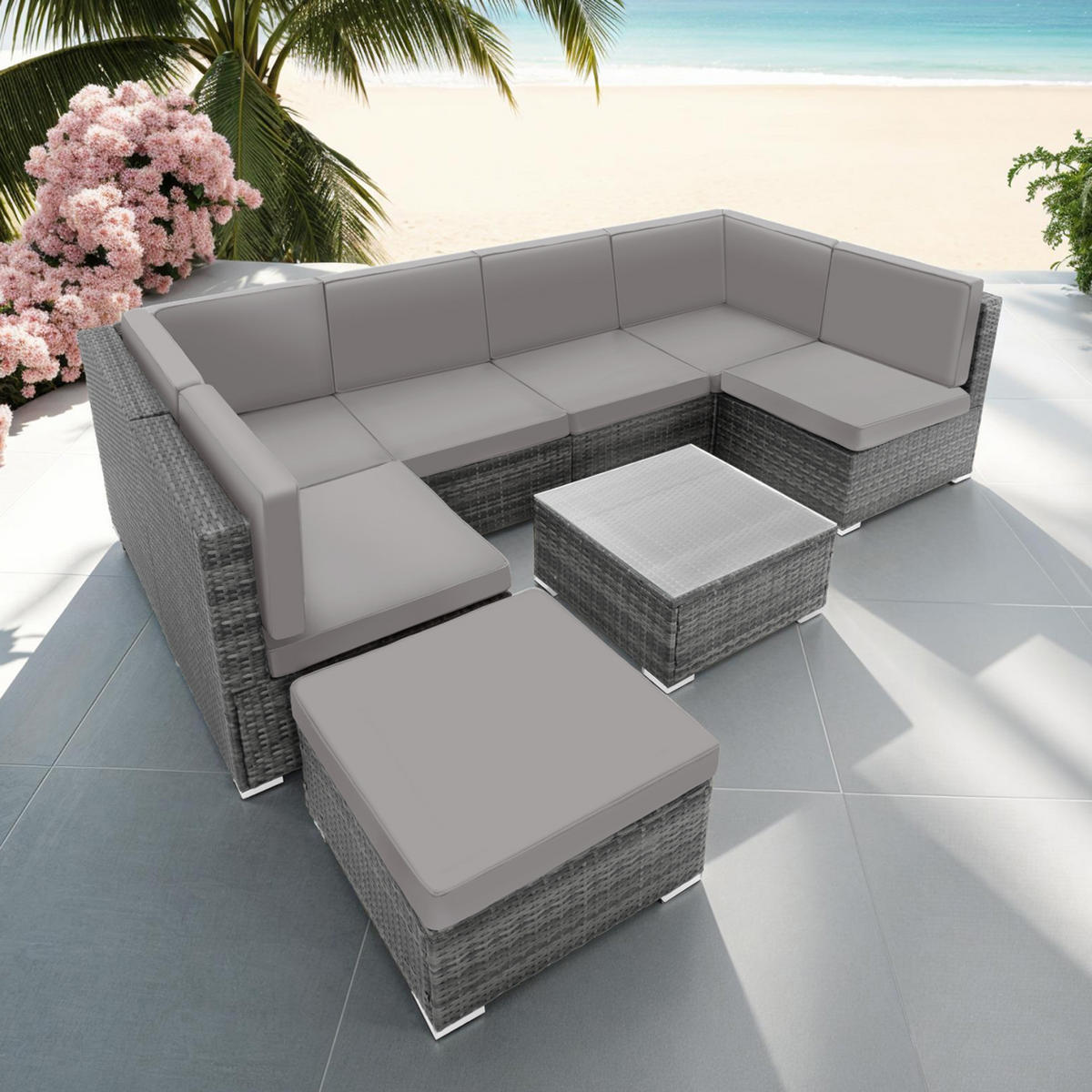 RATTANLOUNGE Venedig, mit Sicherheitsglasplatte, grau - Grau, Kunststoff - tectake