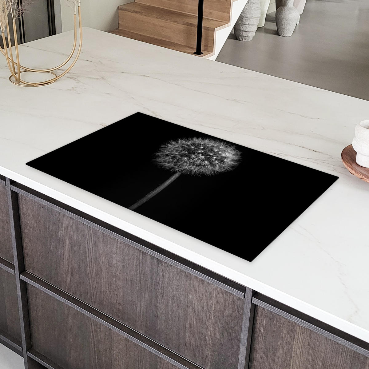 HERDABDECKPLATTE Löwenzahn - Schwarz - Floral - Botanisch Induktionsschutz 91.6x52.7 cm - Grau, Kunststoff (91.6/52.7/0.2cm) - MuchoWow