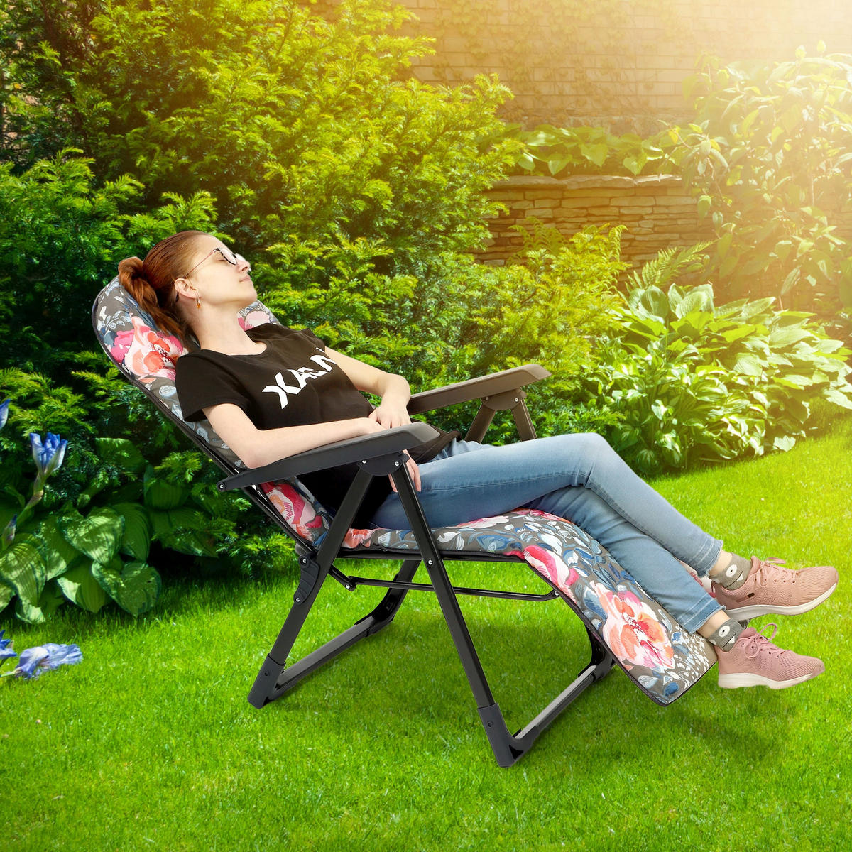 GARTENLIEGESTUHL 150 x 68 cm „Blumen“ - Rosa/Grau, Metall (58/150cm) - KADAX