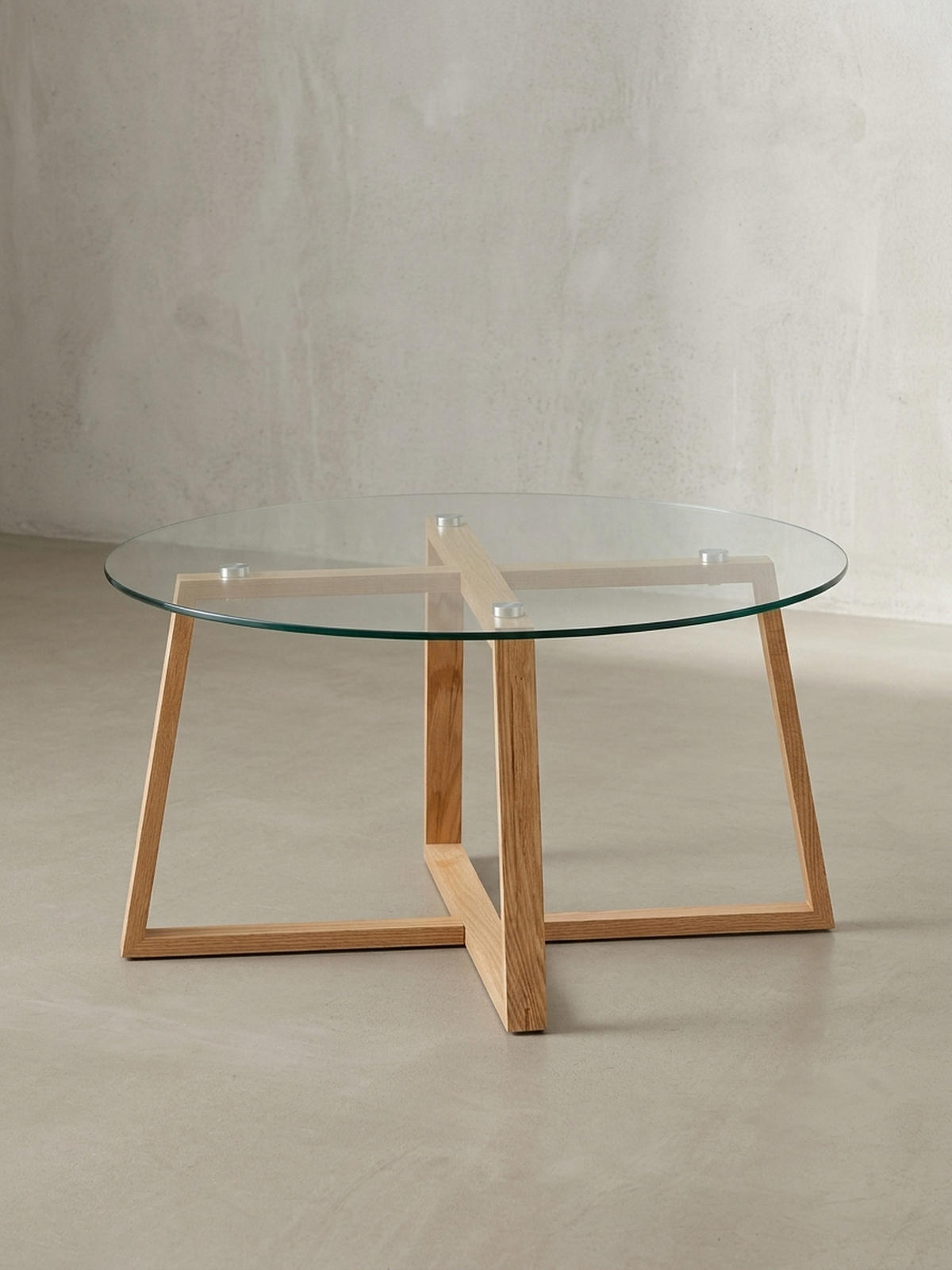 COUCHTISCH in Eiche mit transparenter Glasplatte und überkreuztem Gestell, modernes Design - Beige/Braun, Glas/Eichenholz (78/78/41cm) - KADIMA DESIGN